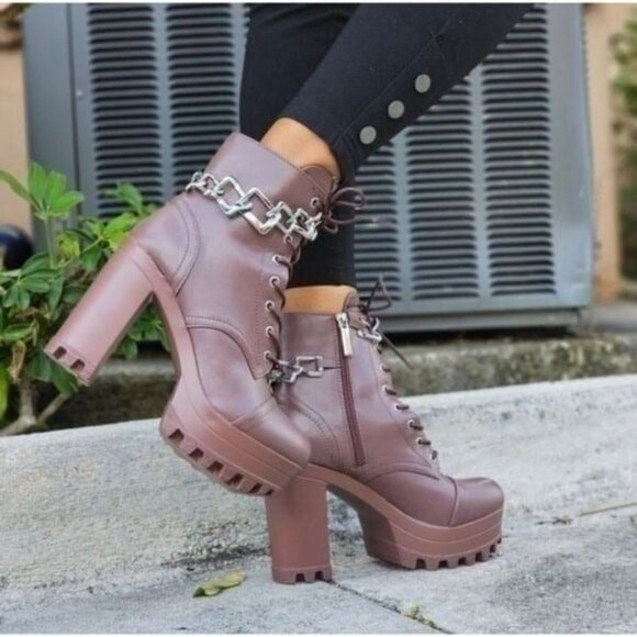Women's Platform Heel Boots Chunky Ankle Lace Up Mocha Color - Picture 5 of 5
